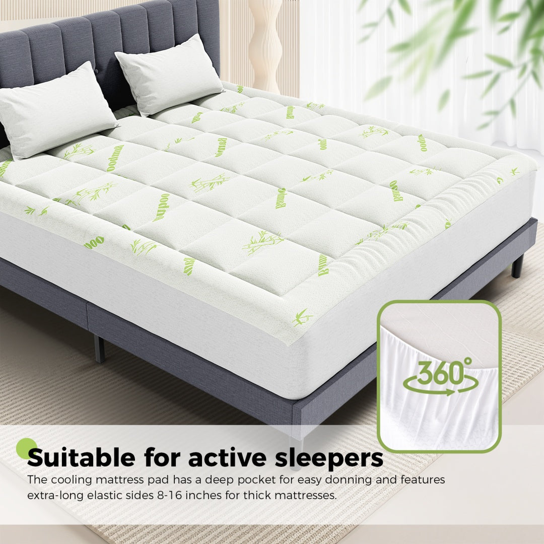 DV Essentials Bamboo Cooling Mattress Pad — Thickened Quilted Protector with Viscose Fiber Fill