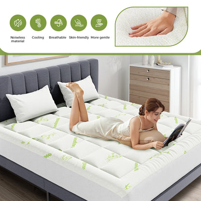 DV Essentials Bamboo Cooling Mattress Pad — Thickened Quilted Protector with Viscose Fiber Fill